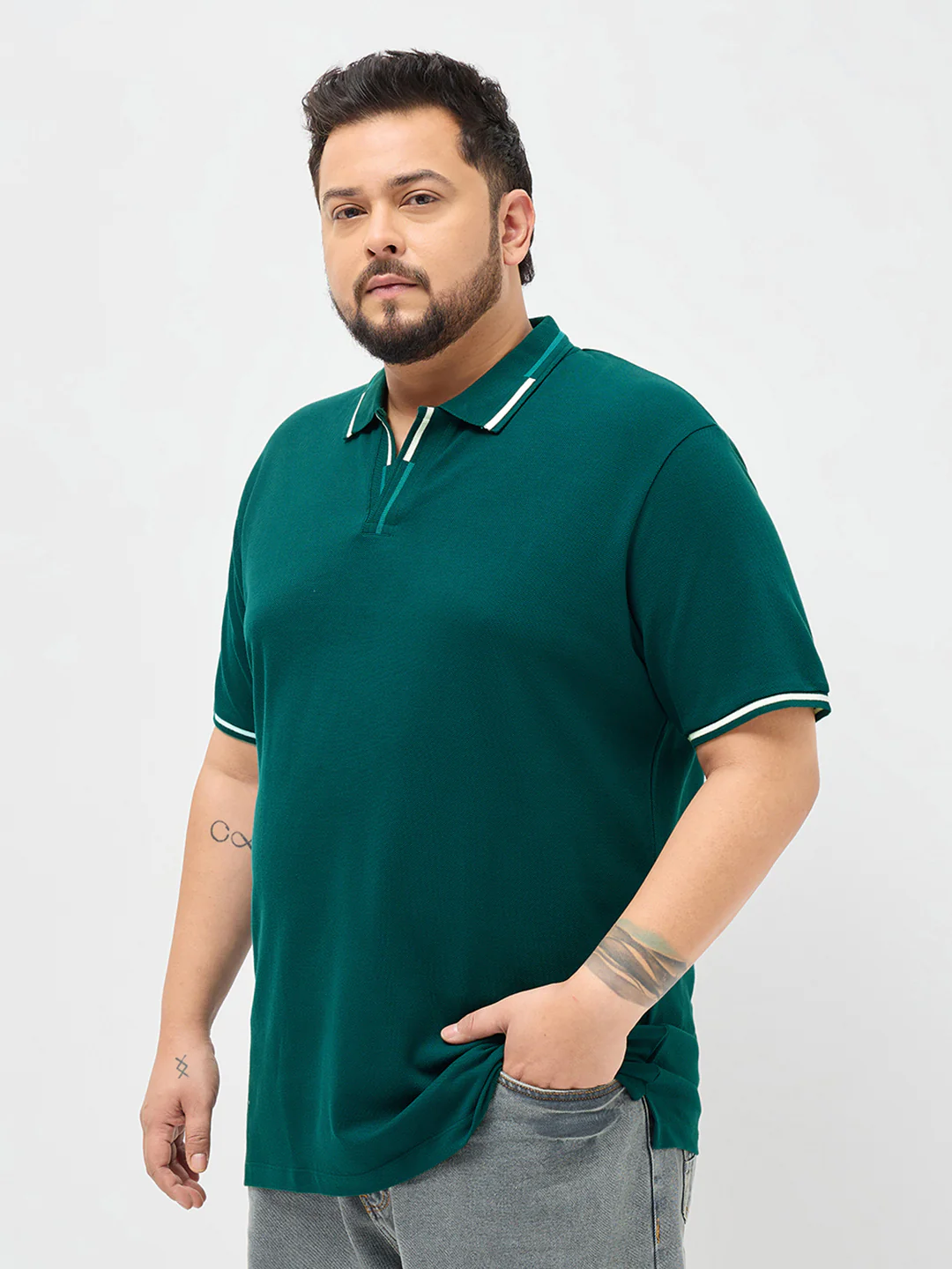 Plus Men's Teal Green Solid Regular Fit Half Sleeve Cotton Polo T-Shirt - Image 2