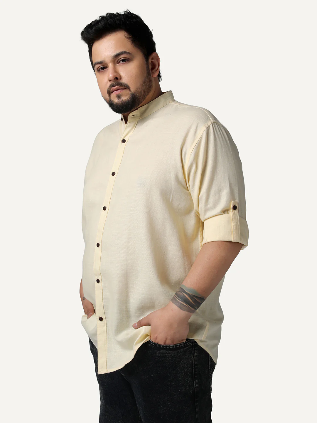 Plus Men's Tender Yellow Linen Blend Full Sleeve Relaxed Fit Mandarin Collar Casual Solid Shirt - Image 2