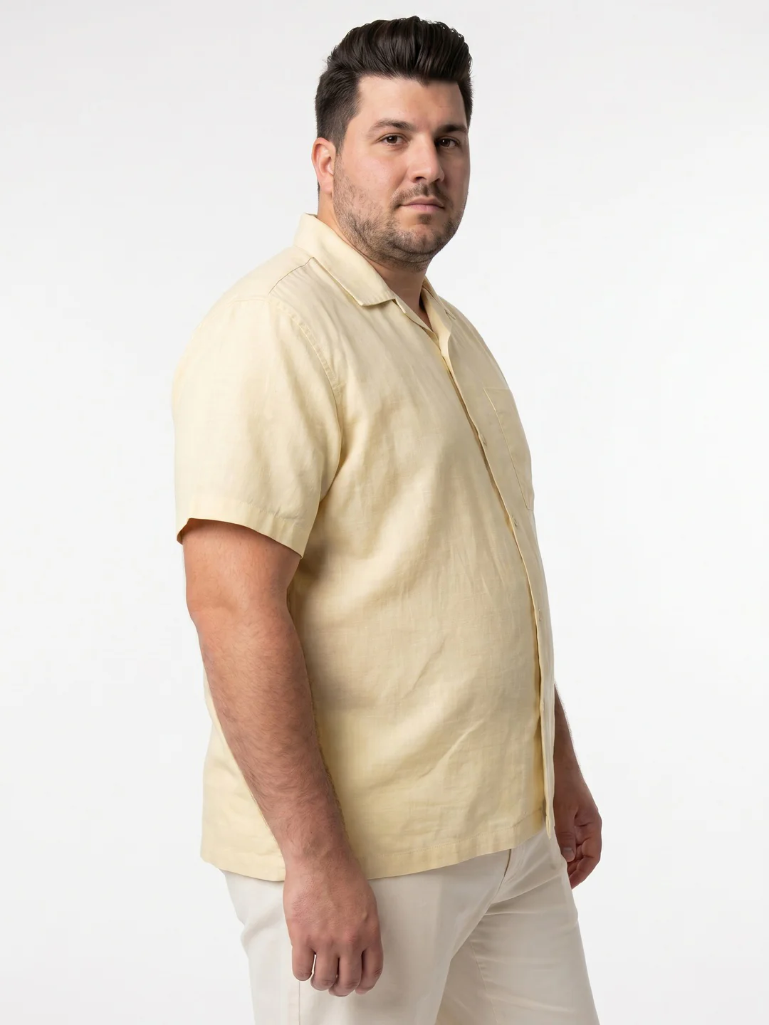 Plus Men's Tender Yellow Linen Half Sleeve Oversized Fit Shirt with Cuban Collar - Image 2