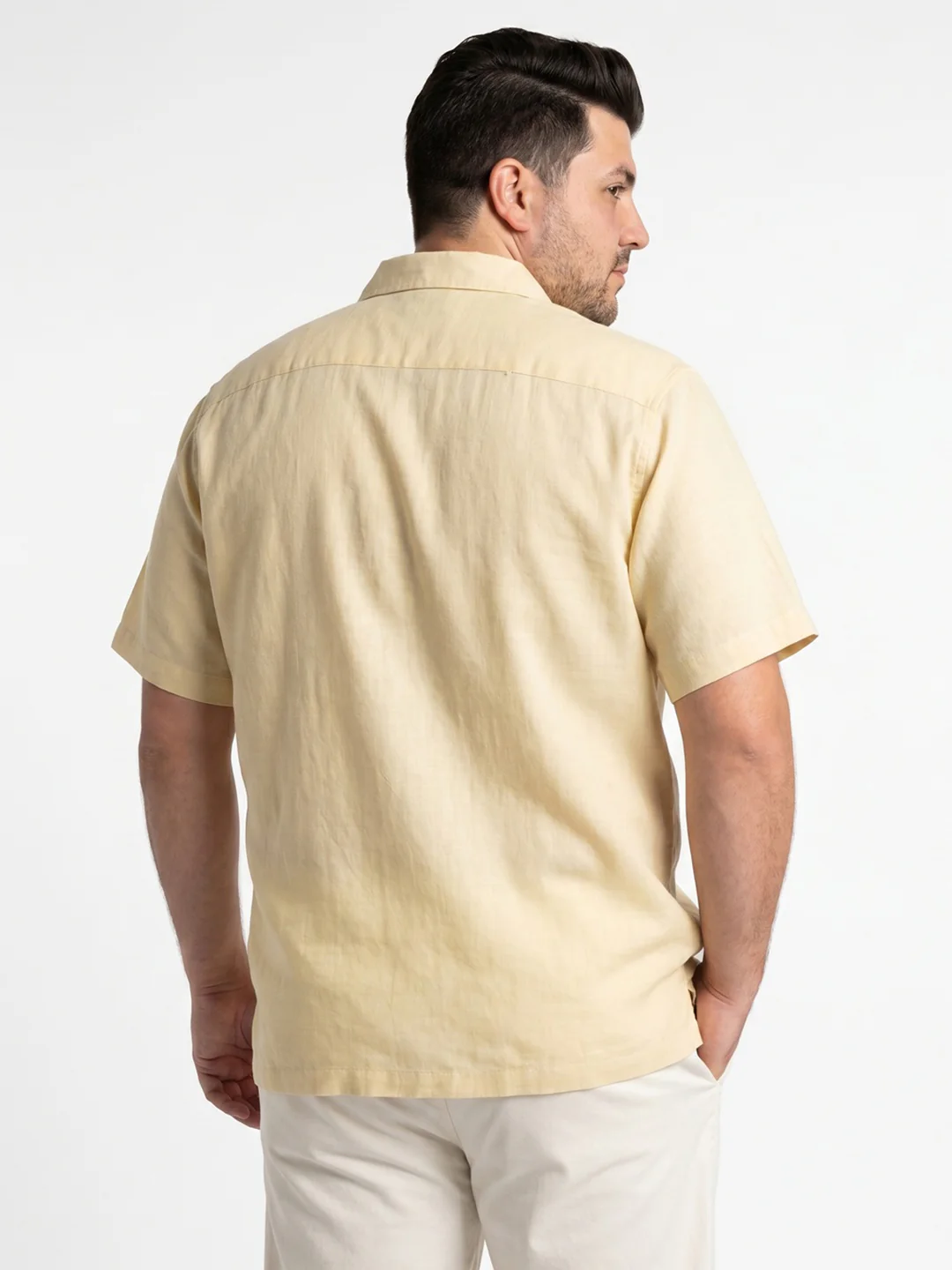 Plus Men's Tender Yellow Linen Half Sleeve Oversized Fit Shirt with Cuban Collar - Image 3