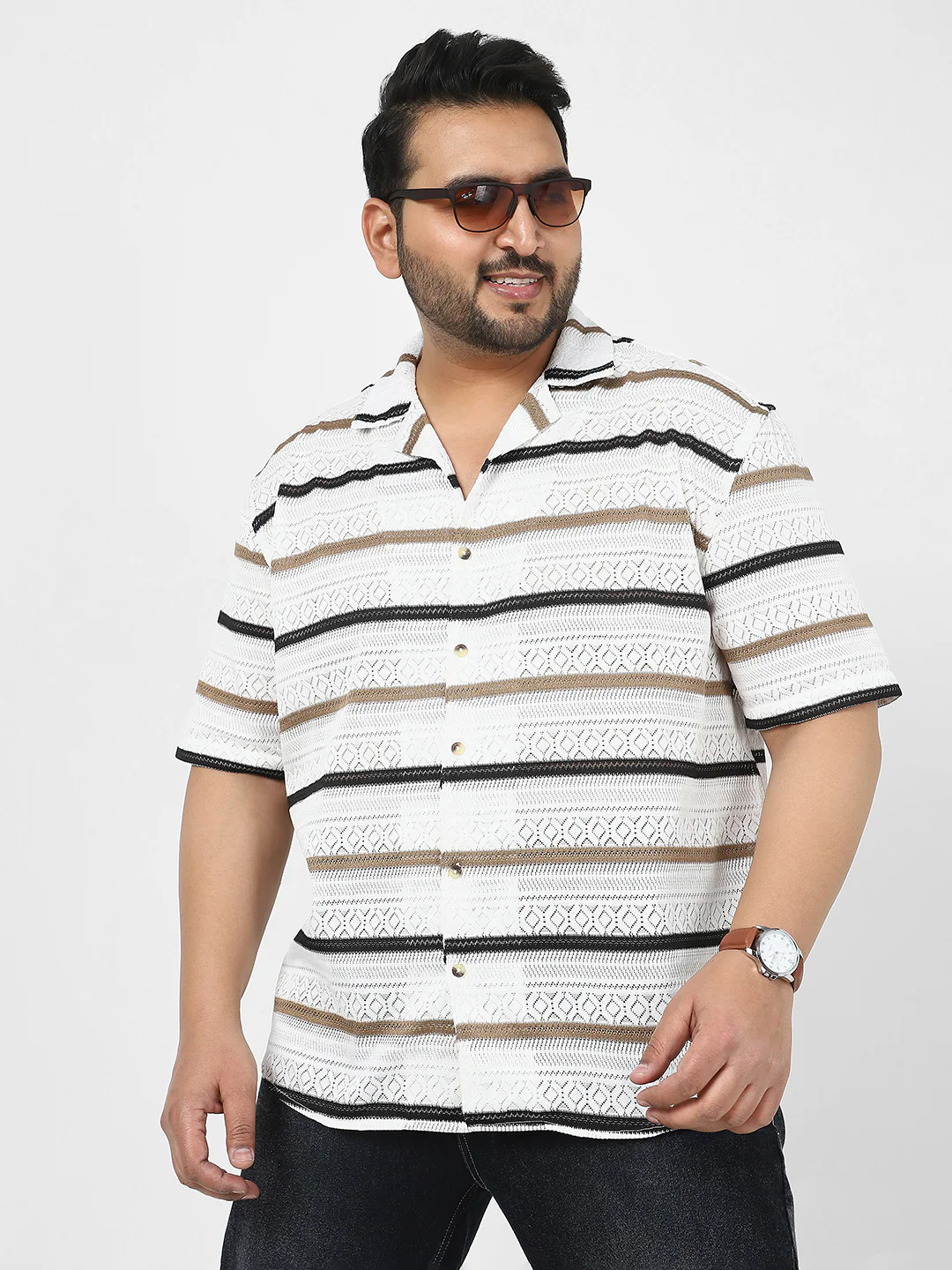 Men's White, Brown Cotton Half Sleeve Oversized Fit Textured Crochet Shirt with Cuban Collar