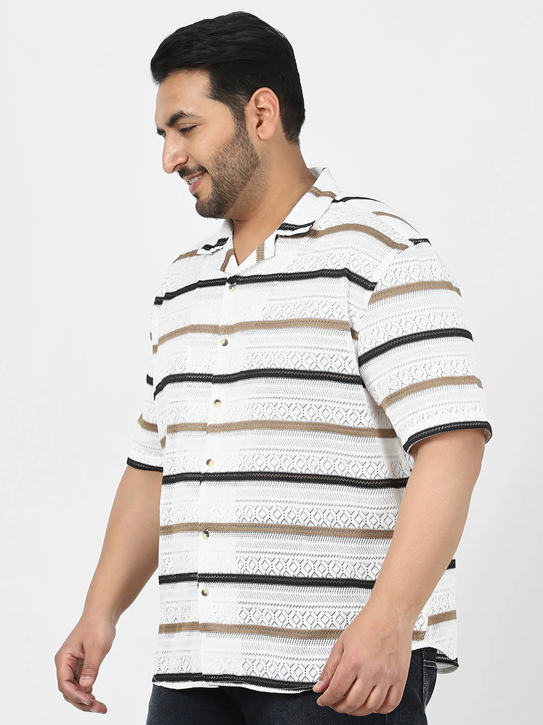 Men's White, Brown Cotton Half Sleeve Oversized Fit Textured Crochet Shirt with Cuban Collar - Image 2