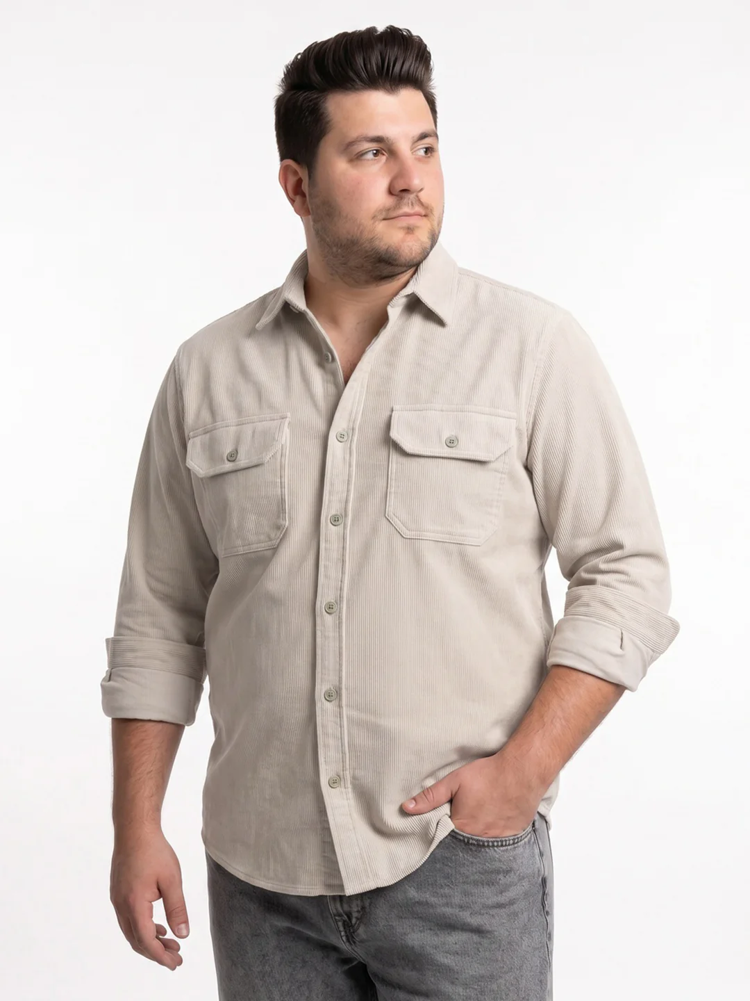 Plus Men's White Corduroy Full Sleeve Regular Fit Solid Overshirt with Utility Pockets - Image 2