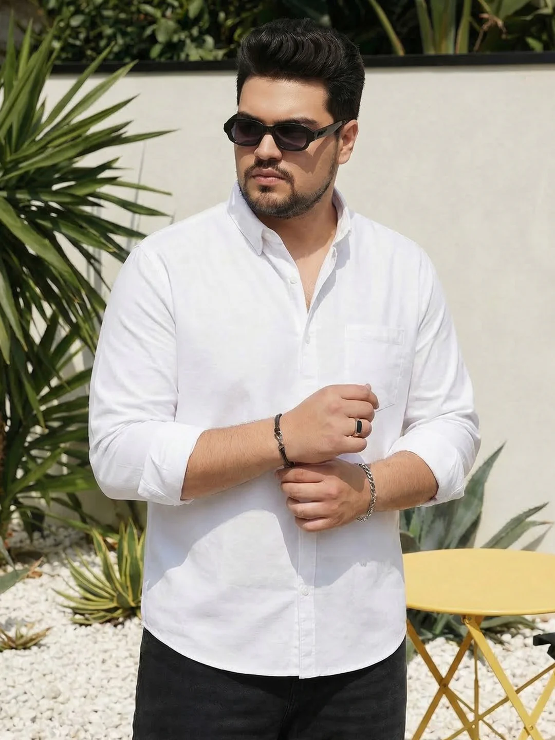 Plus Men's White Cotton Full Sleeve Regular Fit Solid Oxford Shirt With Button-Down Collar