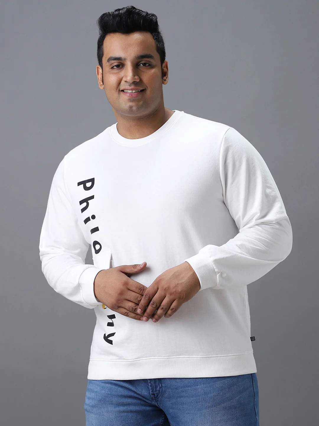 Plus Men's White Cotton Graphic Print Round Neck Sweatshirt