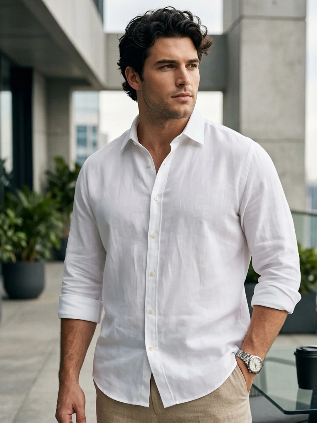 Plus Men's White Linen Blend Full Sleeve Relaxed Fit Casual Solid Shirt