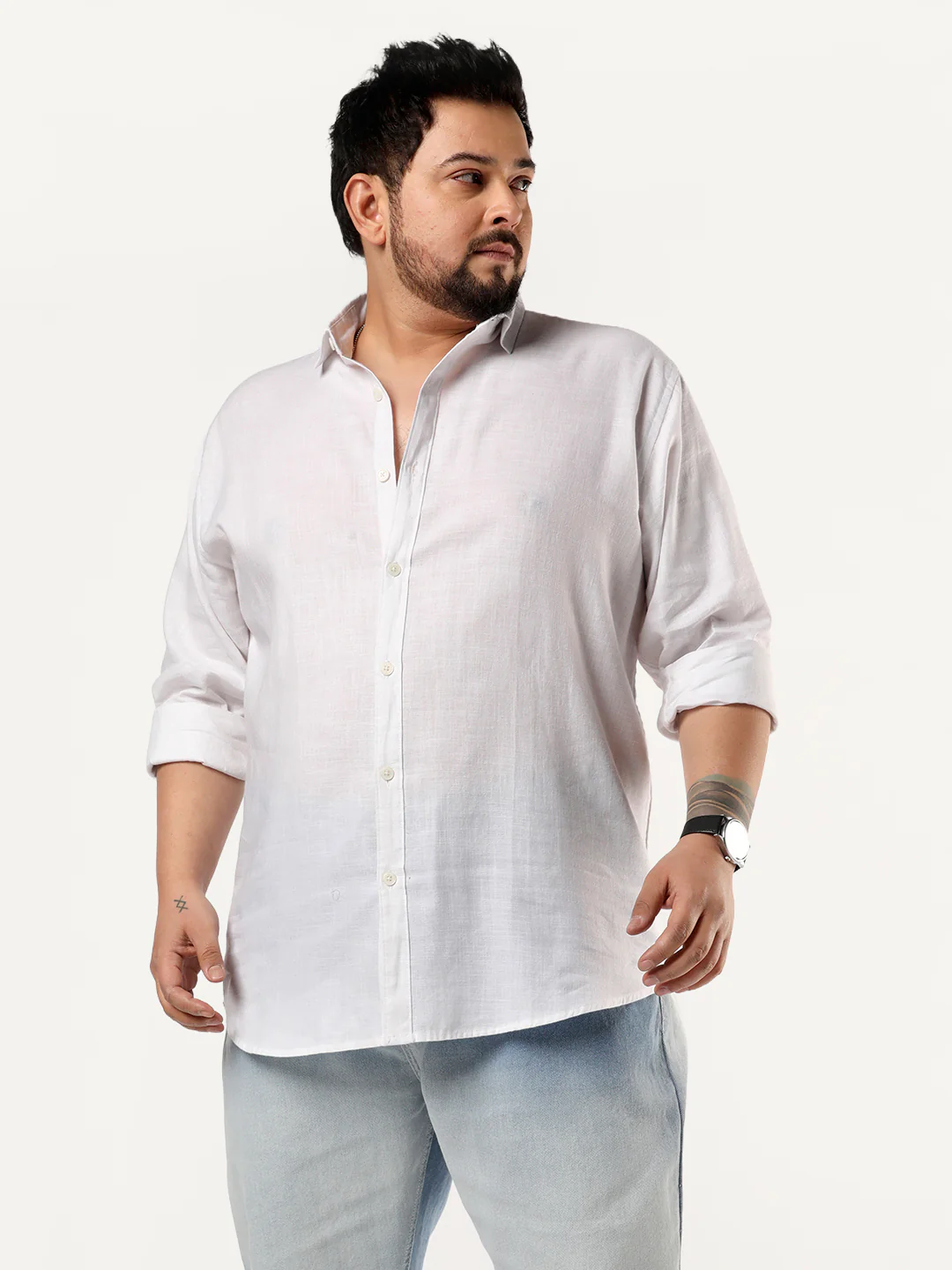 Plus Men's White Linen Blend Full Sleeve Relaxed Fit Casual Solid Shirt - Image 2