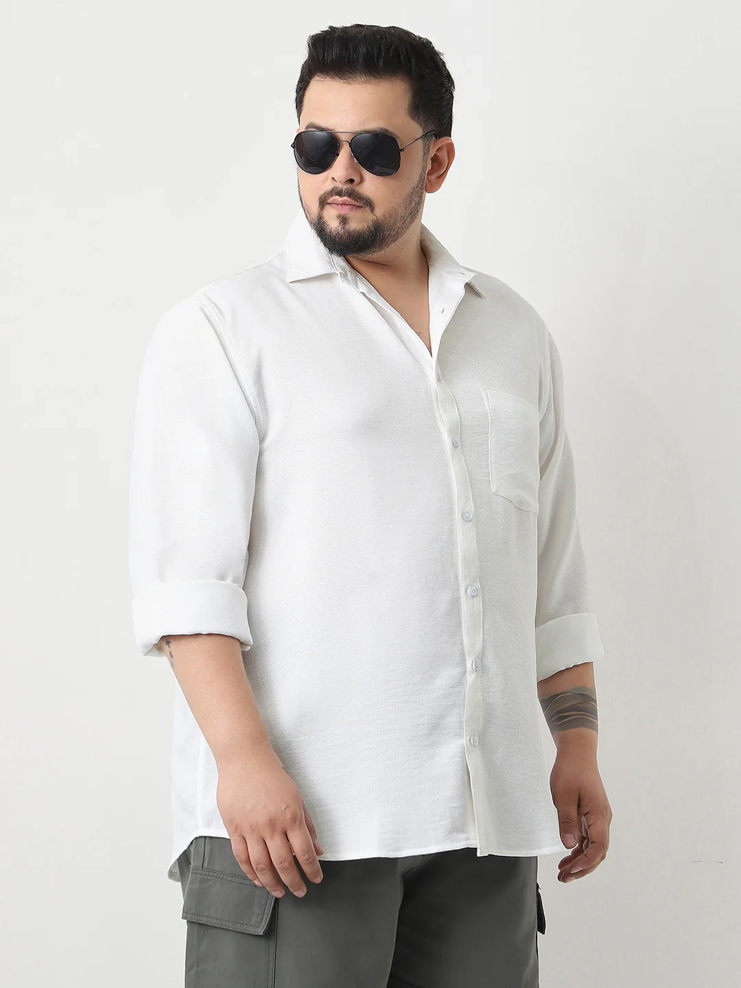 Plus Men's White Linen Blend Full Sleeve Relaxed Fit Casual Solid Shirt - Image 2