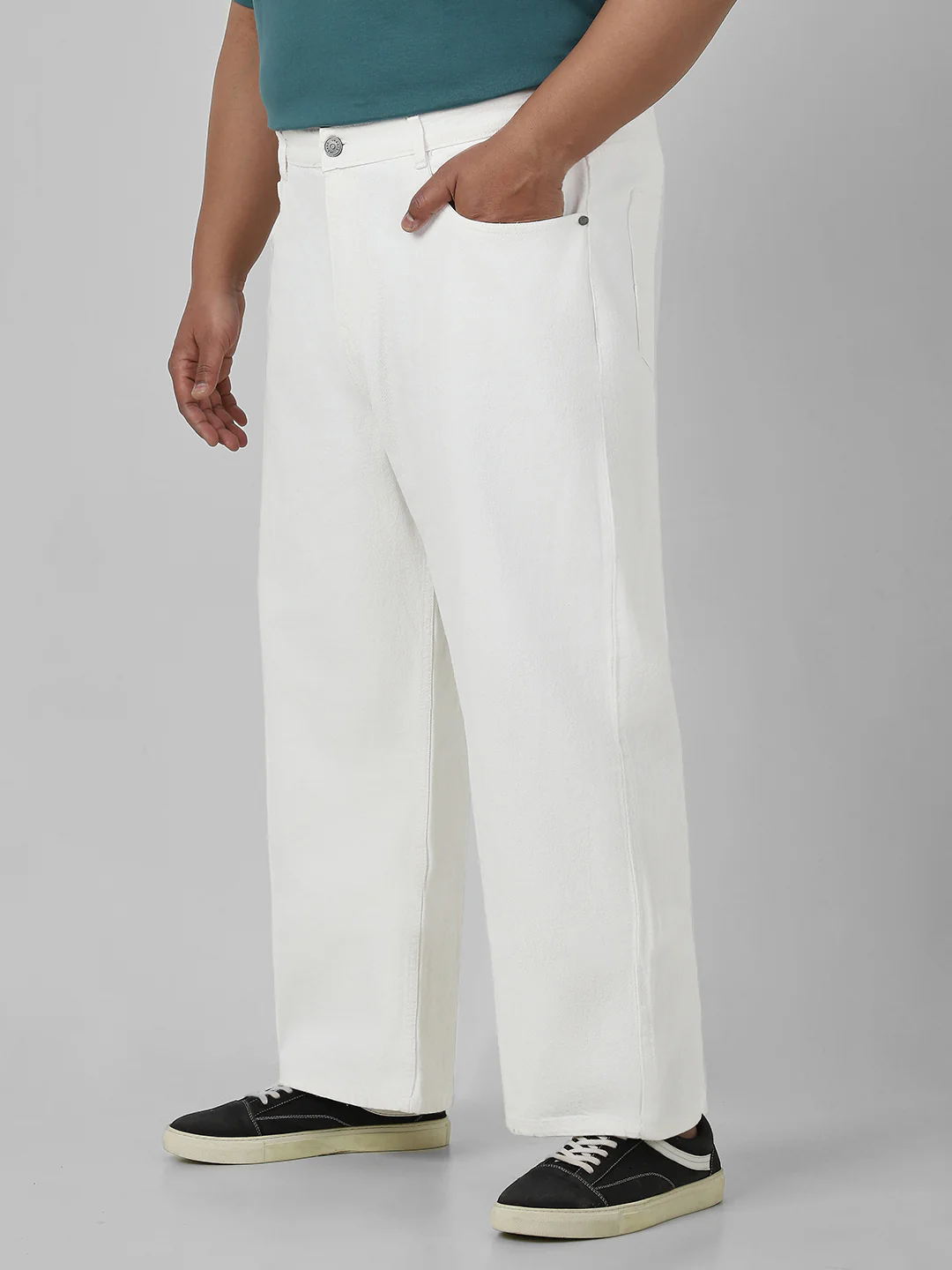 Plus Men's White Loose Fit Washed Jeans Non-Stretchable - Image 2