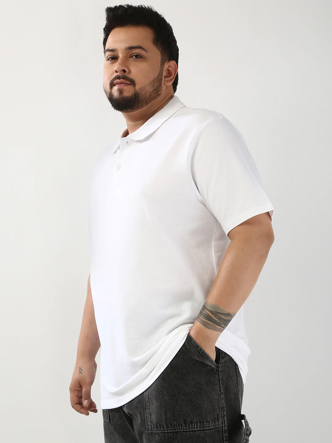 Plus Men's White Solid Regular Fit Half Sleeve Cotton Polo T-Shirt - Image 2