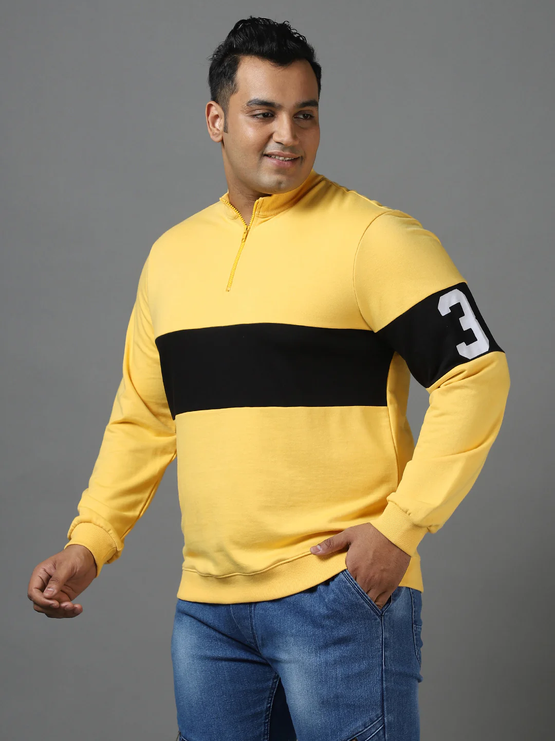 Plus Men's Yellow Cotton Color Block Round Neck Sweatshirt - Image 2