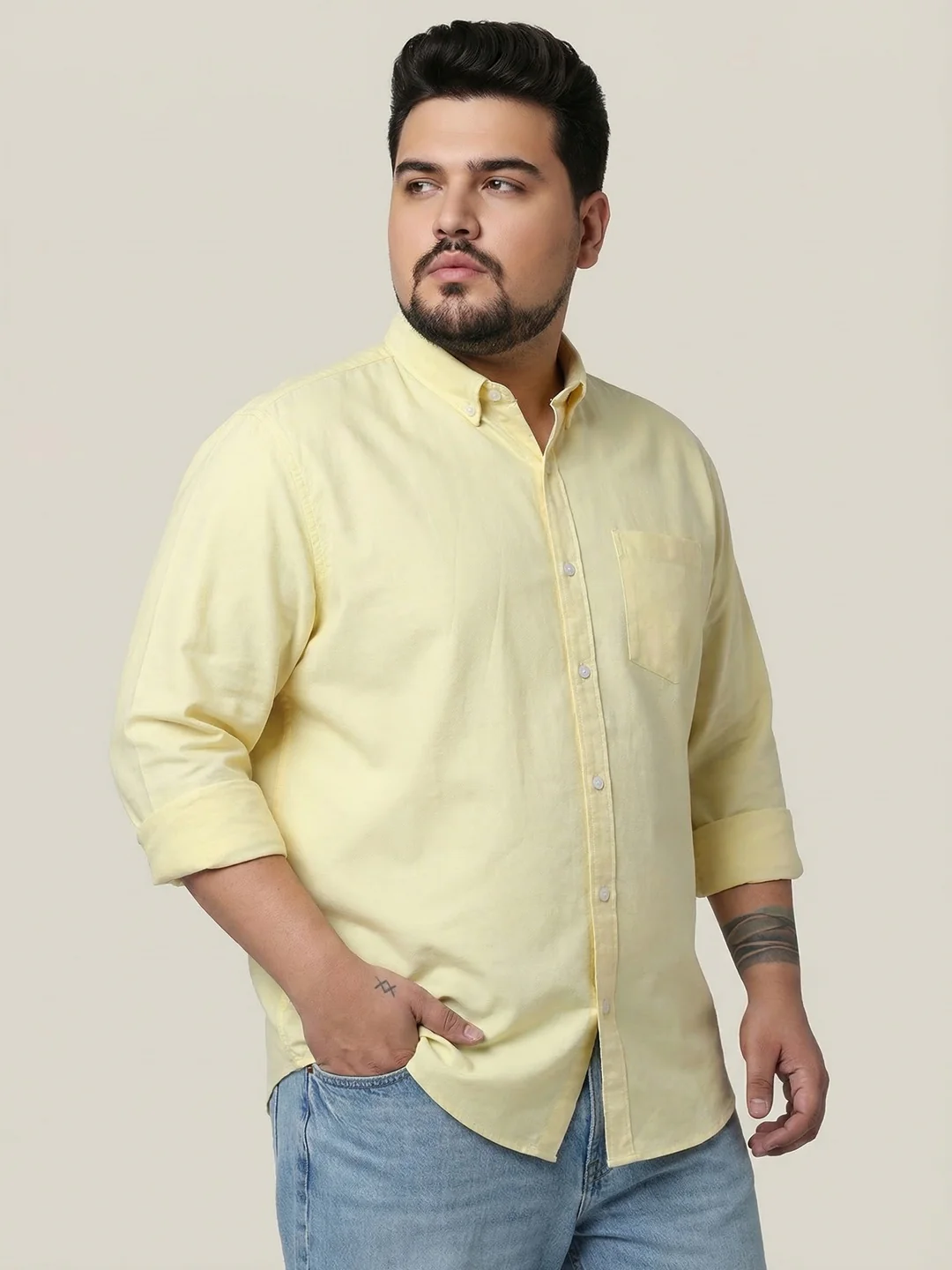 Plus Men's Yellow Cotton Full Sleeve Regular Fit Solid Oxford Shirt With Button-Down Collar - Image 2