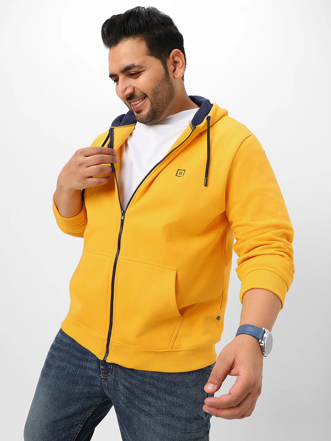 Plus Men's Yellow Solid Cotton Zippered Hooded Casual Winterwear Sweatshirt - Image 2